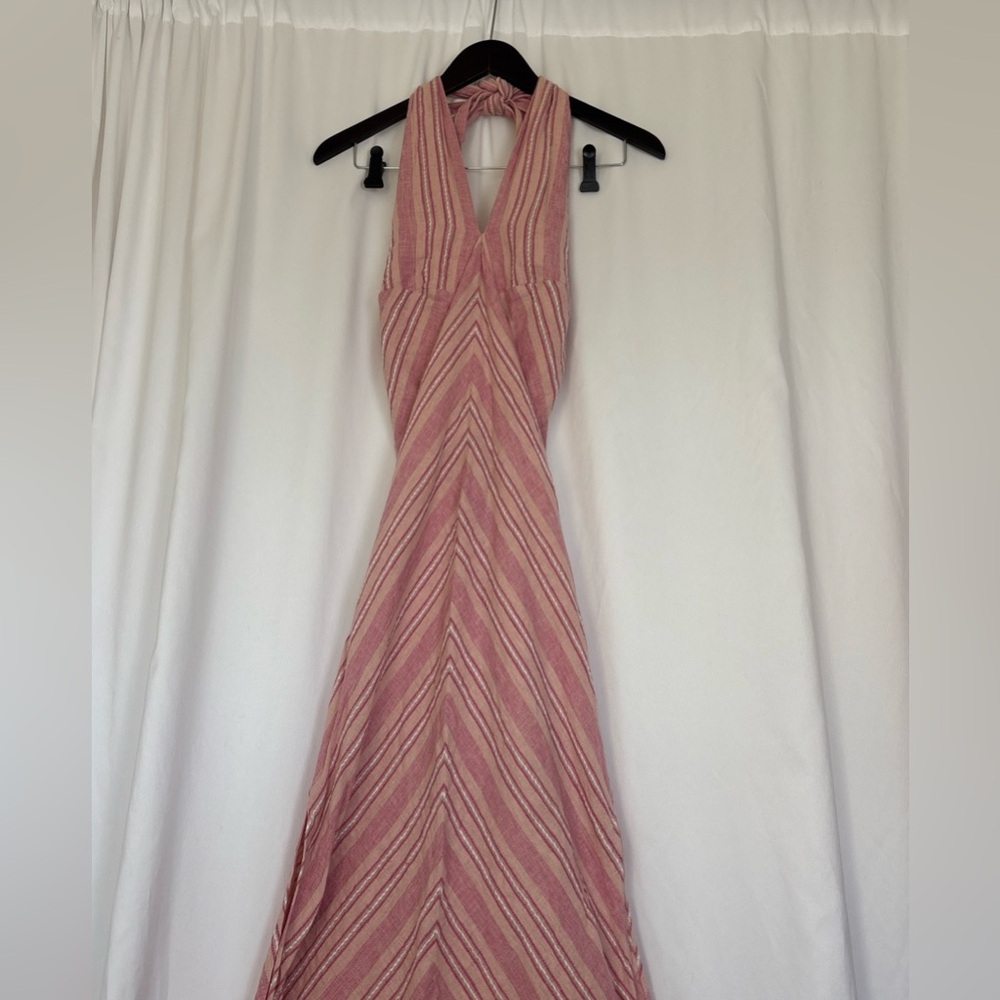 Venus Linen‎ Maxi Dress Pink Stripped Size 6 Crossover Halter Cottagecore